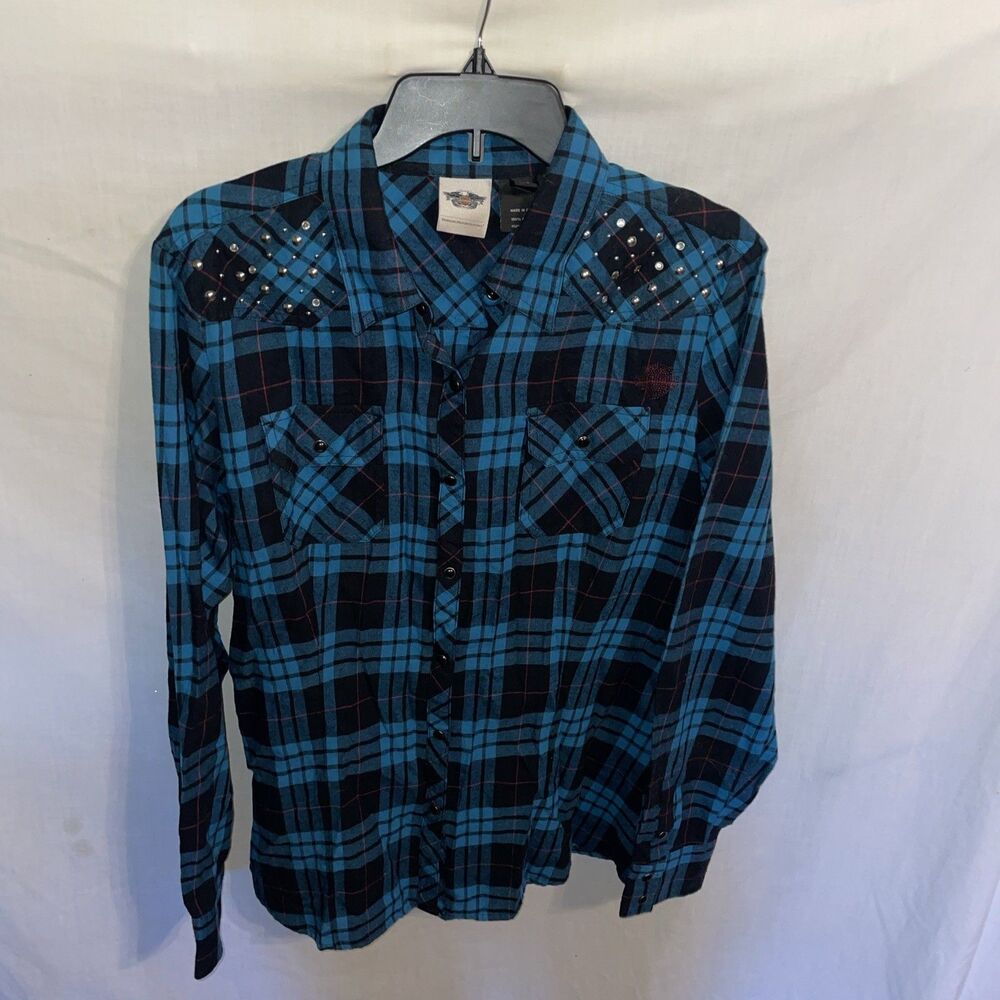 Harley-Davidson Women’s Casual Shirt Size XL Blue Plaid Outdoors Studded Western